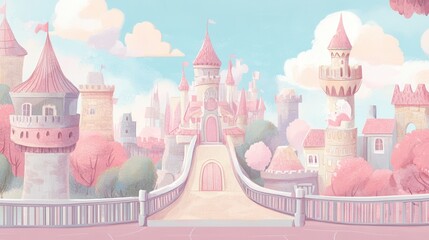Fototapeta premium Pastel-colored fantasy castle town scene.