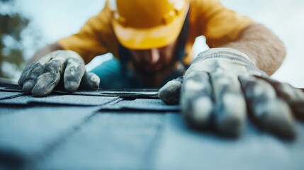 A hardworking individual is seen laying down roofing shingles with focused determination, showcasing the effort and craftsmanship involved in building and maintaining homes.