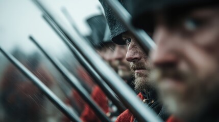 A dramatic image showcasing a line of soldiers with rifles in a historical setting, capturing the intensity of conflict and camaraderie among warriors.