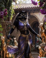 Obraz premium A majestic black cat, anthropomorphic and regal, stands with outstretched paws in a vibrant garden, adorned in a flowing purple and gold Egyptian-style dress and jewelry, surrounded by golden cats.