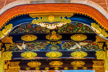 Colorful ornate entrance Closeup Karamon Gate, Nijo Castle, Kyoto, Japan. Completed in 1626 by...