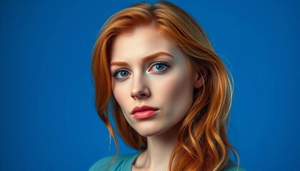 Fototapeta premium Serious ginger model, blue backdrop, indoor portrait, intense, ginger