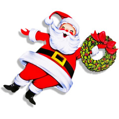 A cheerful Santa Claus character holding a festive wreath, embodying holiday spirit and celebration.