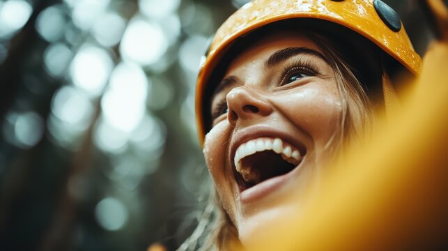 A happy woman wearing a bright helmet smiles wide, reflecting pure joy and excitement, embodying the adventurous spirit found in nature and outdoor activities.