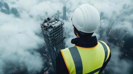 An engineer gazing at a towering construction site from above amidst clouds, symbolizing ambition, innovation, and the future of urban development in a dynamic environment.