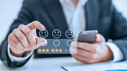 A close-up photograph of a hand in a black business suit interacting with a digital customer satisfaction rating interface