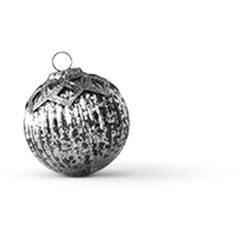 A decorative silver ornament, featuring a textured surface and a loop for hanging, often used for festive occasions.