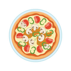appetizing vegetarian pizza topped with mushrooms, green peppers, and tomatoes served on a white plate – ideal for food photography