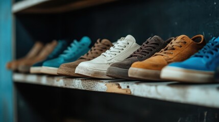 A vibrant display of colorful sneakers lined up on a shelf, showcasing diverse styles and emphasizing trends in fashion, personal expression, and contemporary street style.