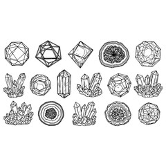 Crystals gems stones minerals quartz amethyst diamond drawing sketch vector illustration art design