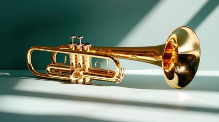 Fototapeta premium An elegant brass trumpet shines under artistic lighting, reflecting the beauty of music and craftsmanship, appealing to musicians and music lovers alike.