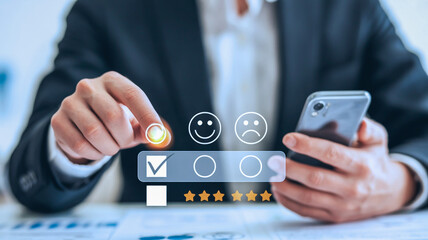 A close-up photograph of a hand in a black business suit interacting with a digital customer satisfaction rating interface