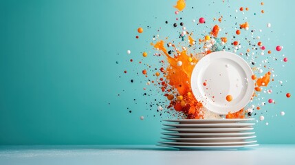 A visually stunning image depicting a white plate colliding with vibrant colors and textures in an artistic explosion, representing creativity and dynamic energy.