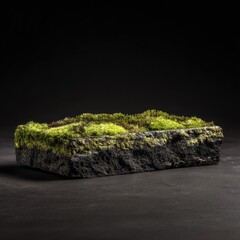 Rectangular dark stone base supporting a vibrant patch of green moss, set against a black backdrop