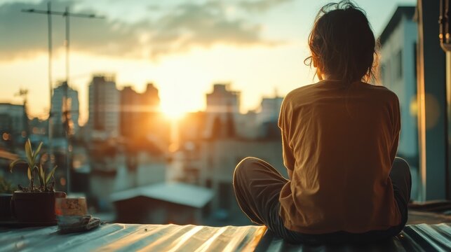 A lone figure sits on a rooftop, gazing at a stunning sunset over a city skyline, symbolizing contemplation and solitude amid urban life and transient moments of beauty.