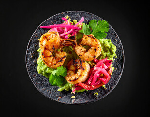 Deconstructed gourmet taco, blue corn tortilla, grilled shrimp