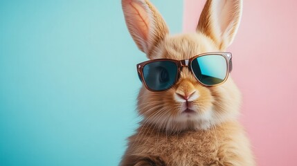 A playful rabbit wearing stylish sunglasses poses against a colorful backdrop, evoking joy and whimsy in this delightful animal portrait perfect for stock imagery.