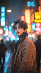 Fototapeta premium Fashionable asian male navigating dimly illuminated urban street, wearing classic brown trench coat, blending into moody nighttime cityscape with soft motion and glowing neon lights