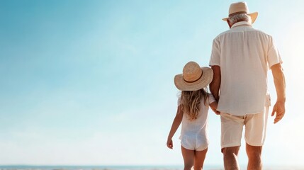 A warm scene of a grandparent holding hands with a child, walking along a beach, capturing the essence of family bonding and cherished memories by the seaside.