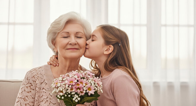 Loving Grandmother Receives a Tender Kiss and Flowers from Granddaughter in a Bright Room Filled with Natural Light Showing Strong Intergenerational Bond - Powered by Adobe