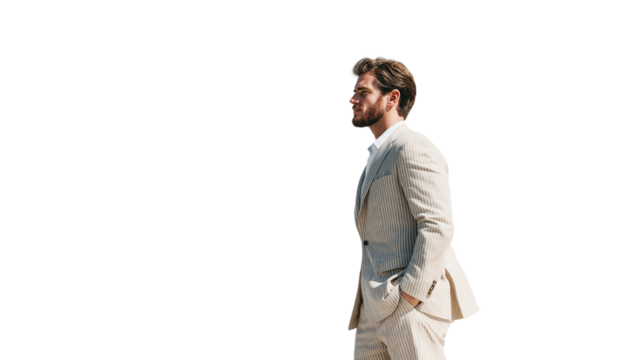 Elegant man in summer suit standing in profile, cropped to torso, white background, cinematic lighting, PNG