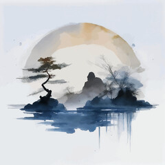 Ink Wash Painting of Mount Fuji with Trees and Sun