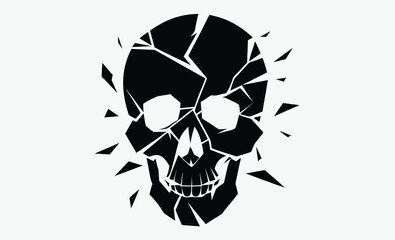 Broken skull silhouette, cracked head icon, black and white vector