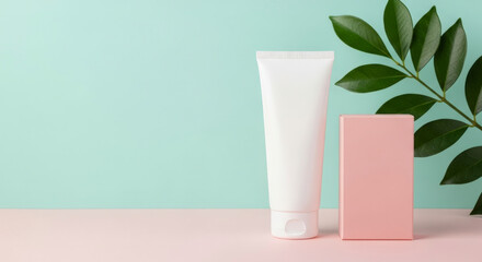 Minimalist Cosmetic Product Display with White Tube Pink Box and Green Leaves Against Pastel Green Background in a Beauty Concept