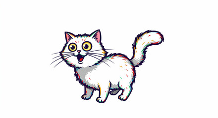 Obraz premium White cartoon cat with big eyes mouth open bushy tail