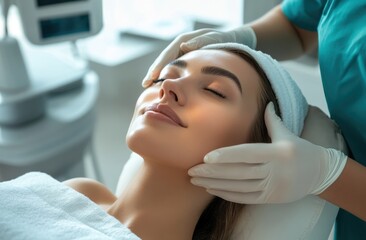 Young woman smiling while undergoing facial hair removal treatment with laser technology for smooth skin