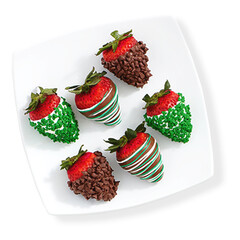A plate of decorated strawberries, featuring chocolate and colorful toppings, perfect for dessert or festive occasions.