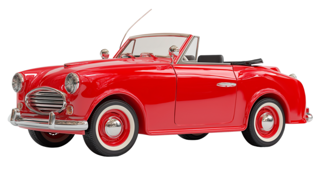 Toy-style red convertible car with shiny finish, isolated, slight shadow, 3D render, PNG
