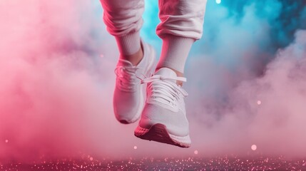 A dynamic shot of a person in bright white shoes jumping through colorful fog, symbolizing energy, movement, and freedom in a vibrant urban environment.