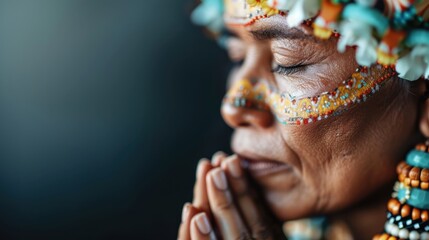 An expressive portrait of a woman adorned with vibrant cultural facial art and accessories, highlighting the deep connection between tradition, identity, and emotions in a modern context.