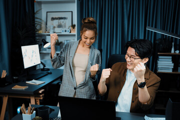 Successful wealthy of smiling business trader with partner in casual suit earning high profit...