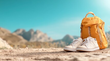 A casual scene featuring a yellow backpack and white sneakers placed on rugged terrain, symbolizing adventure, exploration, and a connection to the great outdoors.