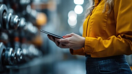 A focused woman in a stylish yellow jacket interacts with her tablet, surrounded by industrial machinery, representing the intersection of technology and modern workspaces.