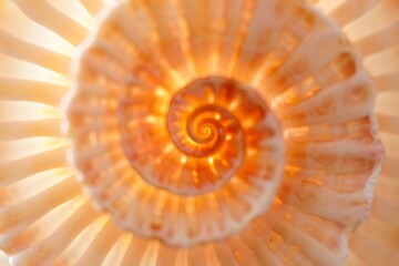 Fototapeta premium A mesmerizing seashell spiral unveils nature's intricate design ocean beach coastal summer shell spiral texture pattern light background warm tones delicate beauty.