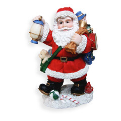 A festive Santa Claus figurine holding a lantern, surrounded by gifts and toys, embodying the spirit of Christmas.