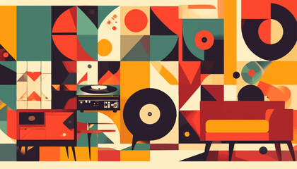 Obraz premium Mid-century Modern Interior with Vinyl Records and Stylish Furniture