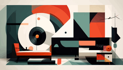 Obraz premium Mid-century Modern Interior with Vinyl Records and Stylish Furniture