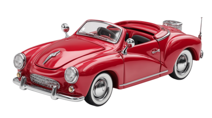 Toy-style red convertible car with shiny finish, isolated, slight shadow, 3D render, PNG