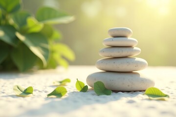Zen Stone Stack with Leaves and Sunlight – Spa and Relaxation Concept