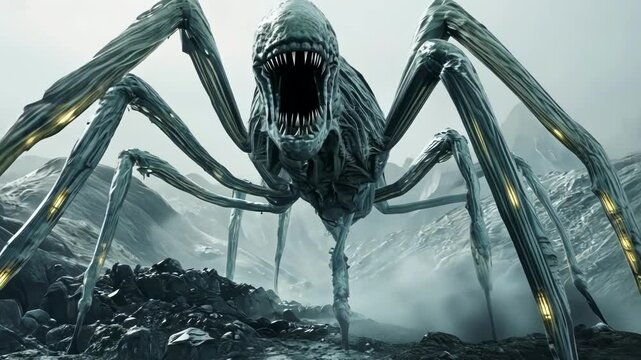 A giant, grotesque spider monster looms in a dark, foggy landscape.