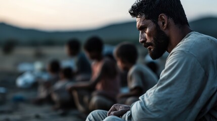 A pensive man deep in thought sits before a group of children, evoking feelings of reflection, responsibility, and the challenges of life amidst societal struggles.