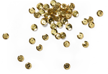 A collection of shiny gold sequins scattered across a surface, ideal for crafting and decorative purposes.