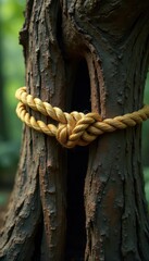 A golden rope forms a secure knot in the center of an ancient, weathered tree trunk, forest, weathered, golden rope