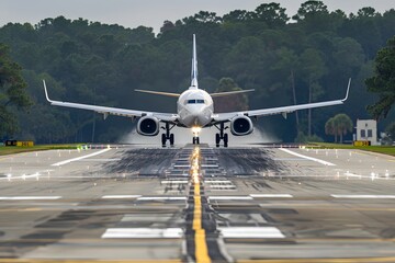 Commercial Airplane on Runway Ready for Takeoff, Front View