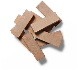 A pile of wooden blocks, commonly used in games or educational activities.