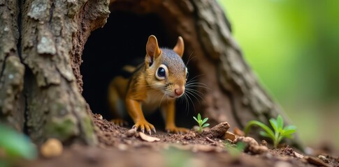 Obraz premium Curious squirrel peering into tree trunk crevice, closeup, squirrel, summer